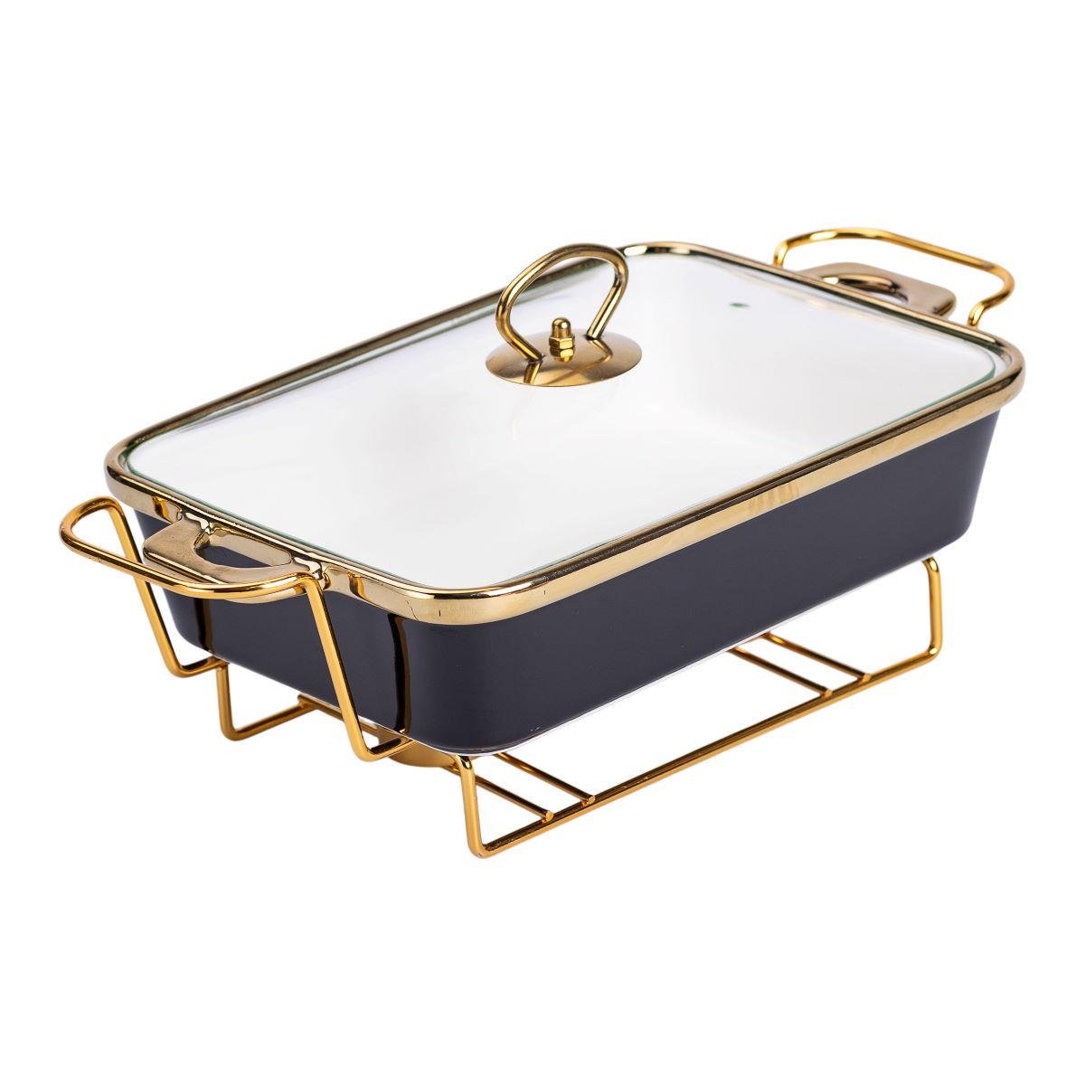 Мармит фарфоровый со стеклянной крышкой на металлической подставке 35,5х19х15,5 см 1,5 л Черный - фото 2