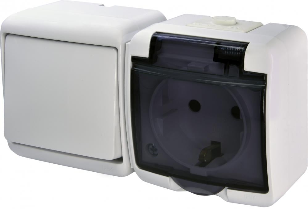 Розетка зовнішня ETI VRHH-1sd із заземленням/1-клавішним вимикачем горизонтальна з прозорою кришкою IP54 Білий (4668032)