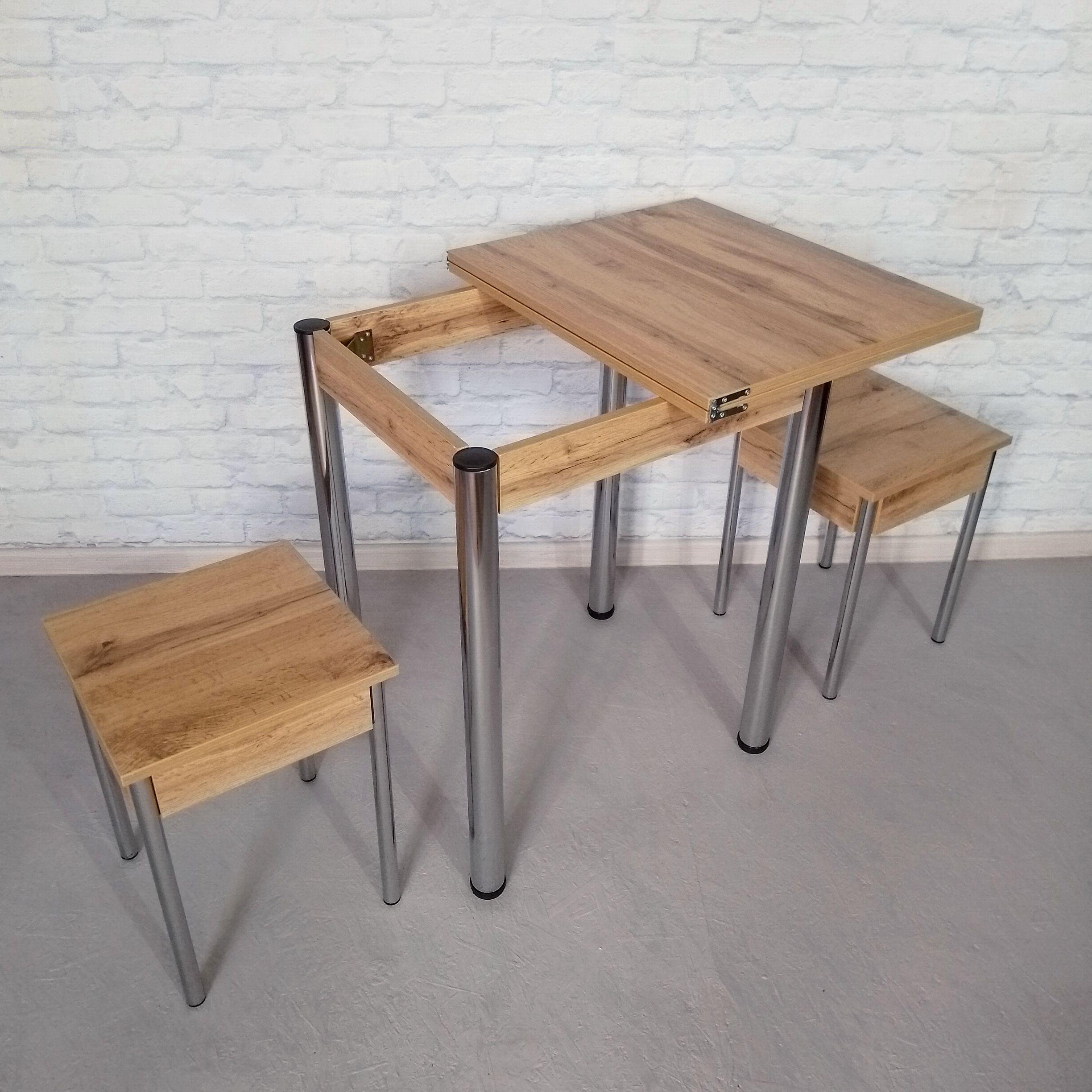 Обеденный стол и 2 табурета Смарт раскладной/ножки металлические 60х50х75 см/100х60х75 см Дуб аппалачи/Хром (0041) - фото 4 Обеденный стол и 2 табурета Смарт раскладной/ножки металлические 60х50х75 см/100х60х75 см Дуб аппалачи/Хром (0041) - фото 4