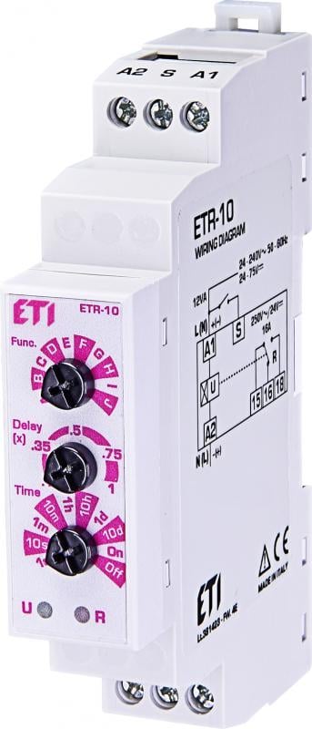 Реле времени многофункциональное ETI ETR-10 16А 240В 0.1с-10 дней задержка на выключение/включение