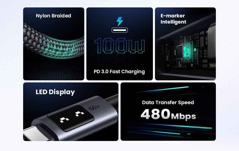 Кабель Ugreen Uno Type-C PD 100W (1m) Black з дисплеєм - фото 5 Кабель Ugreen Uno Type-C PD 100W (1m) Black з дисплеєм - фото 5