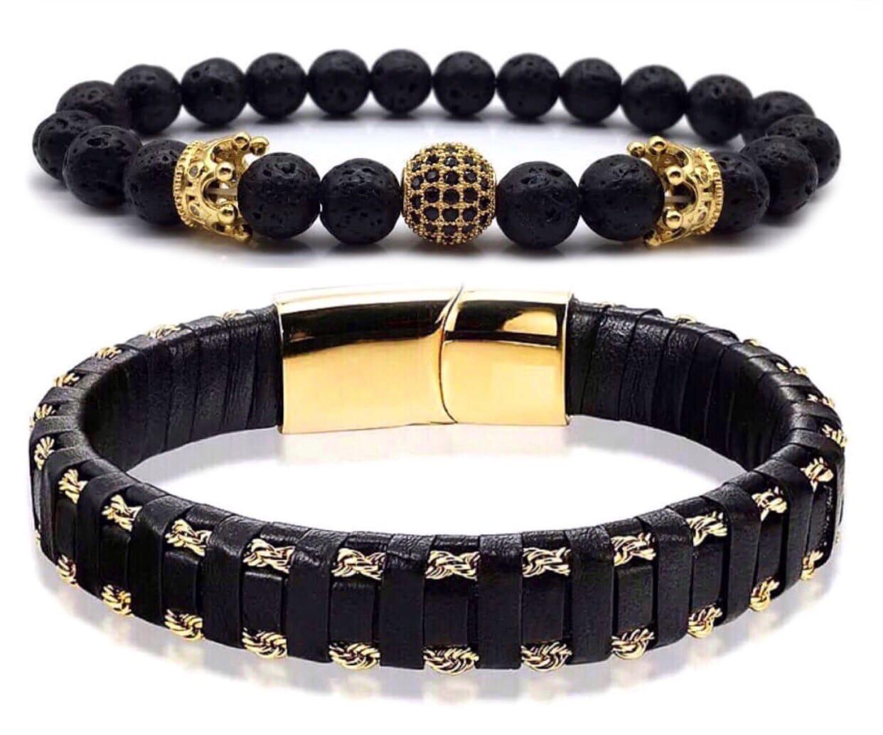 Комплект браслетів зі шкіри та лавового каменю з кулею та коронами з золотою застібкою р. 20,5 (12078)