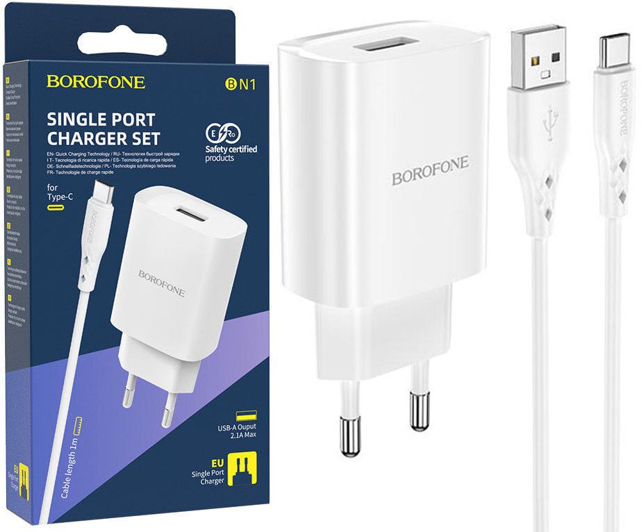 Устройство зарядное Borofone BN1 1 USB 2,1A/кабель Type-C White (36755)