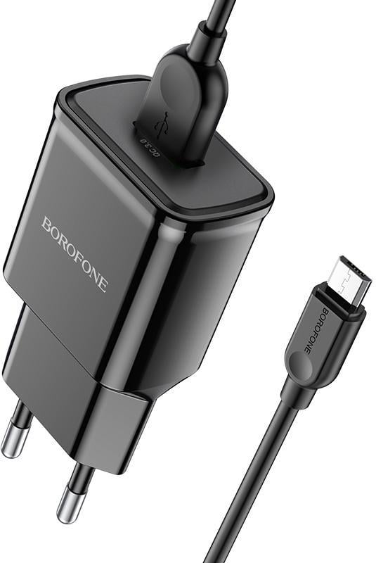 Зарядка швидка Borofone BA59A QC3.0 кабель microUSB 18W Black (26411)