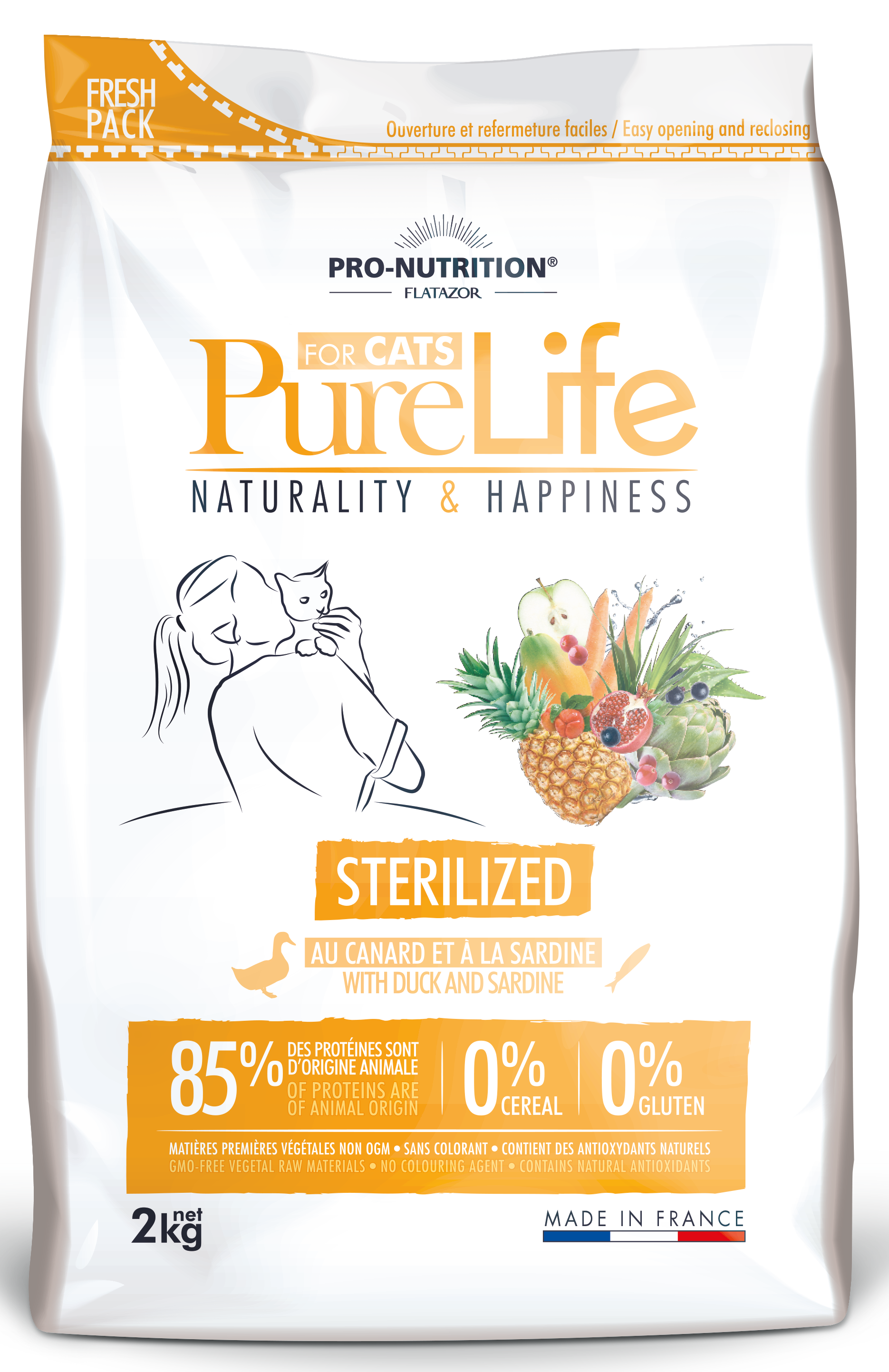 Корм беззерновой для взрослых стерилизованных кошек Pro-Nutrition Flatazor PURE LIFE STERILIZED с уткой и сардиной 2 кг