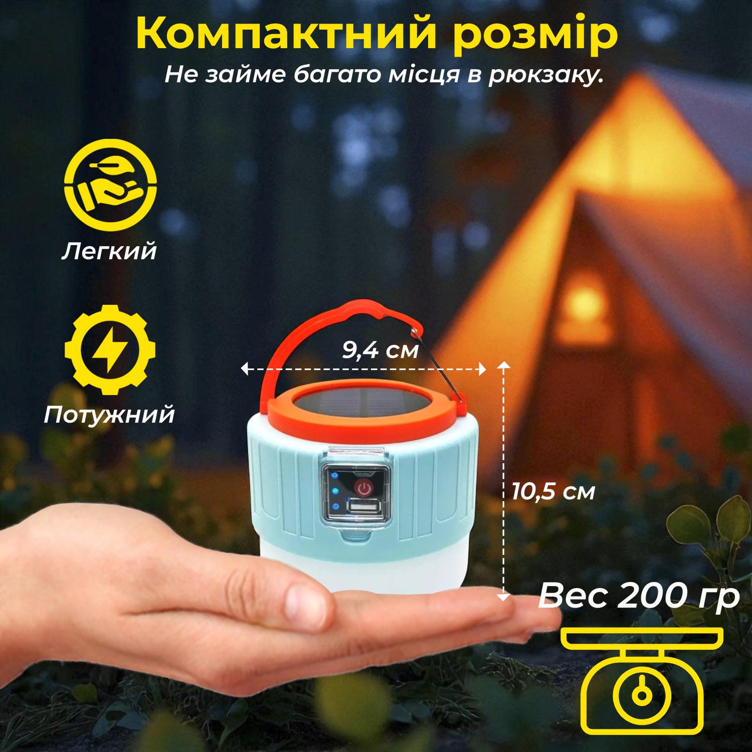 Фонарь кемпинговый с аккумулятором подвесной на солнечной батарее с USB зарядкой Голубой - фото 8