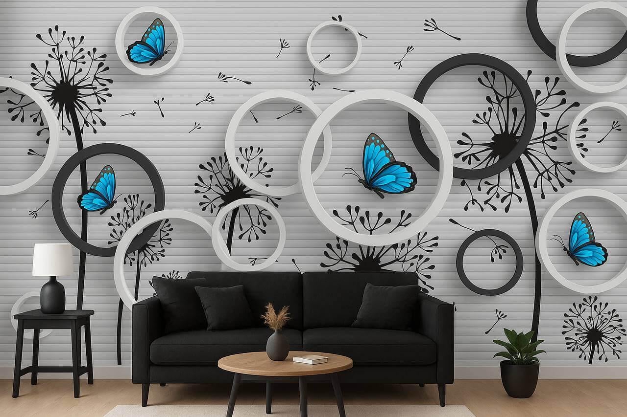 Фотообои флизелиновые Styleo Print-walls 3D Голубые бабочки 0182 350х270 см (Pw-0182/3)