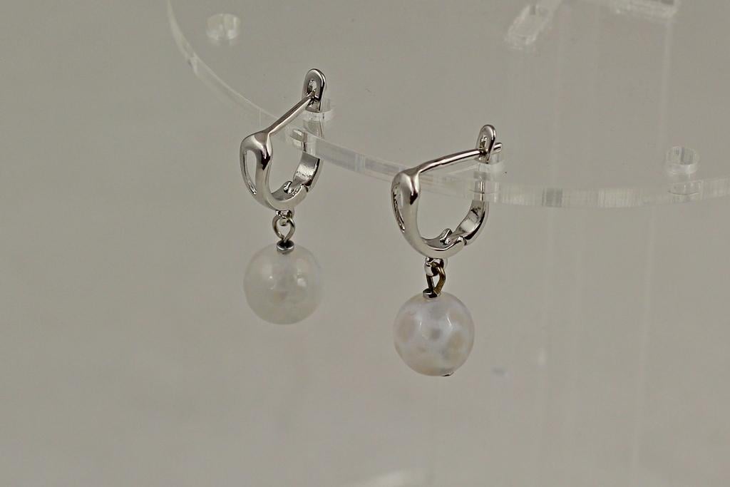 Серьги подвески шарика Белый агат вены дракона 3 см 10 мм Серебристый (33995726)