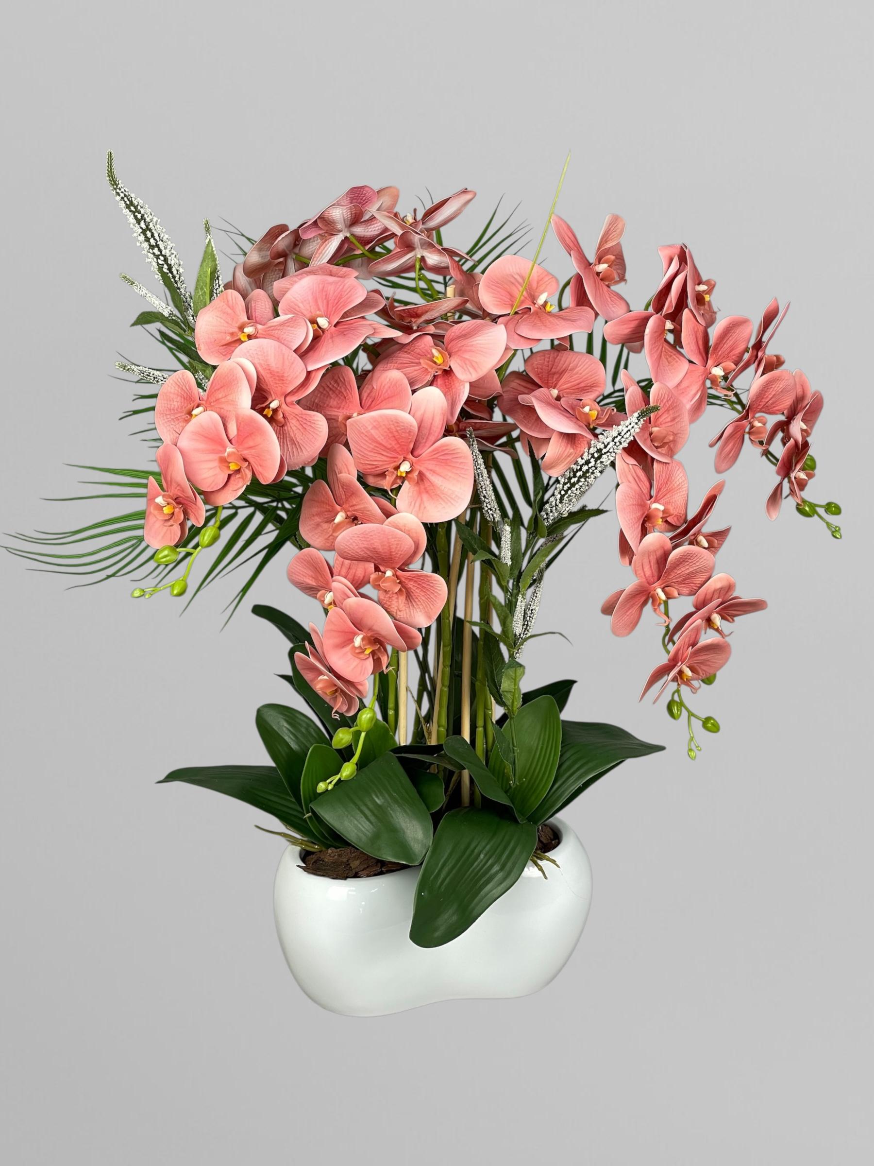 Композиция из искусственных орхидей в белом керамическом кашпо 66 см Коралловый (А248)