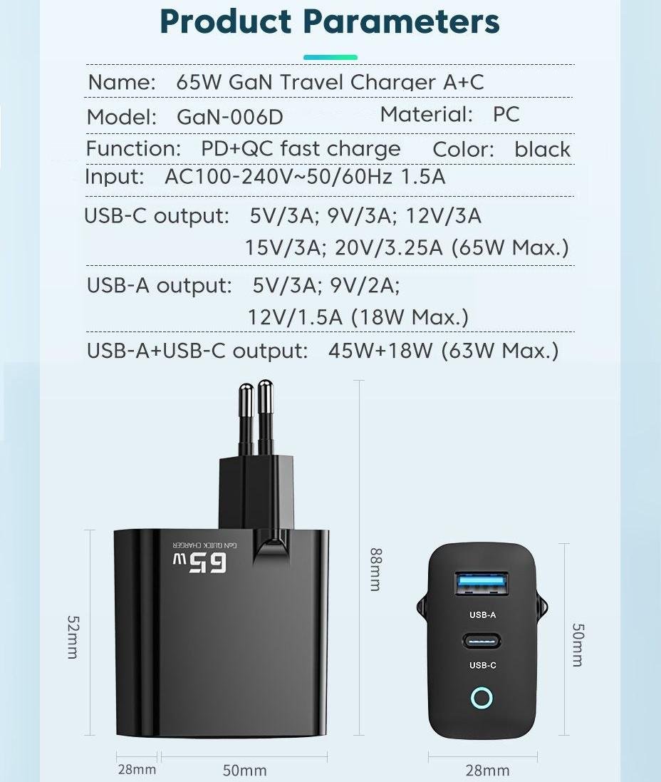 Зарядний пристрій мережевий Toocki GaN 65W USB/Type-C Fast Charger 65W Black (25397373) - фото 8 Зарядний пристрій мережевий Toocki GaN 65W USB/Type-C Fast Charger 65W Black (25397373) - фото 8