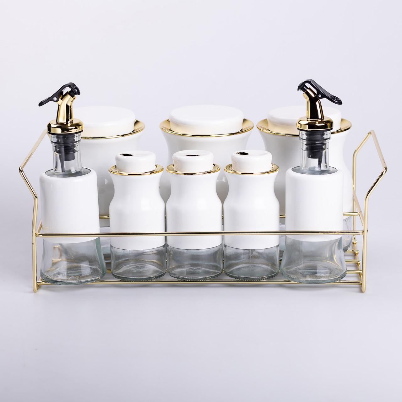 Набор для специй на подставке с бутылками для масла и уксуса 8 предметов Белый (6801) - фото 1 Набор для специй на подставке с бутылками для масла и уксуса 8 предметов Белый (6801) - фото 1