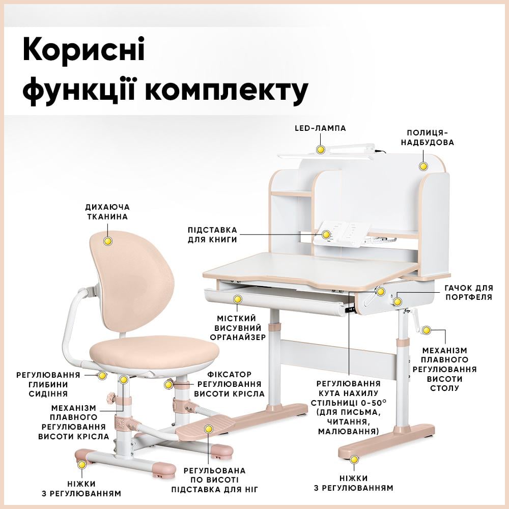 Парта детская школьная с креслом и лампой Mealux Nemo Персиковый (BD-38 PN) - фото 2