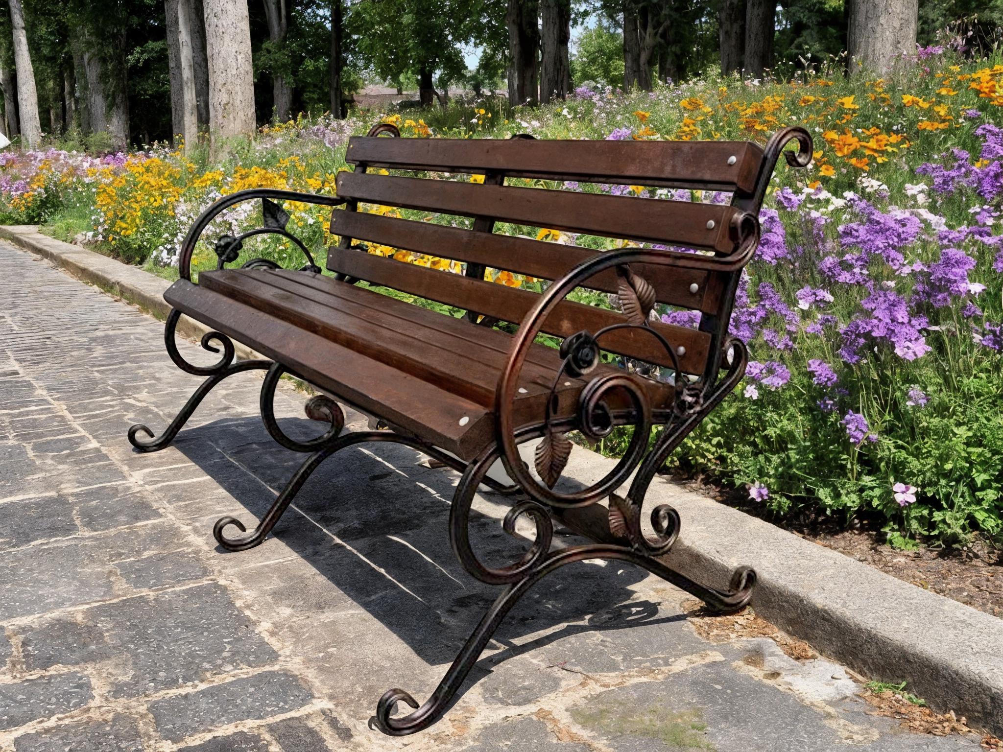 Скамейка садовая кованая Tobi Sho Камелия с подлокотниками 200 см Орех - фото 1