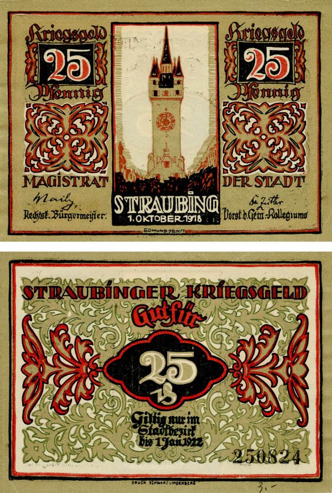 Колекційна банкнота Німеччина Нотгельд 25 пфеннігів 1922 F-VF Штраубінг (Б18587)