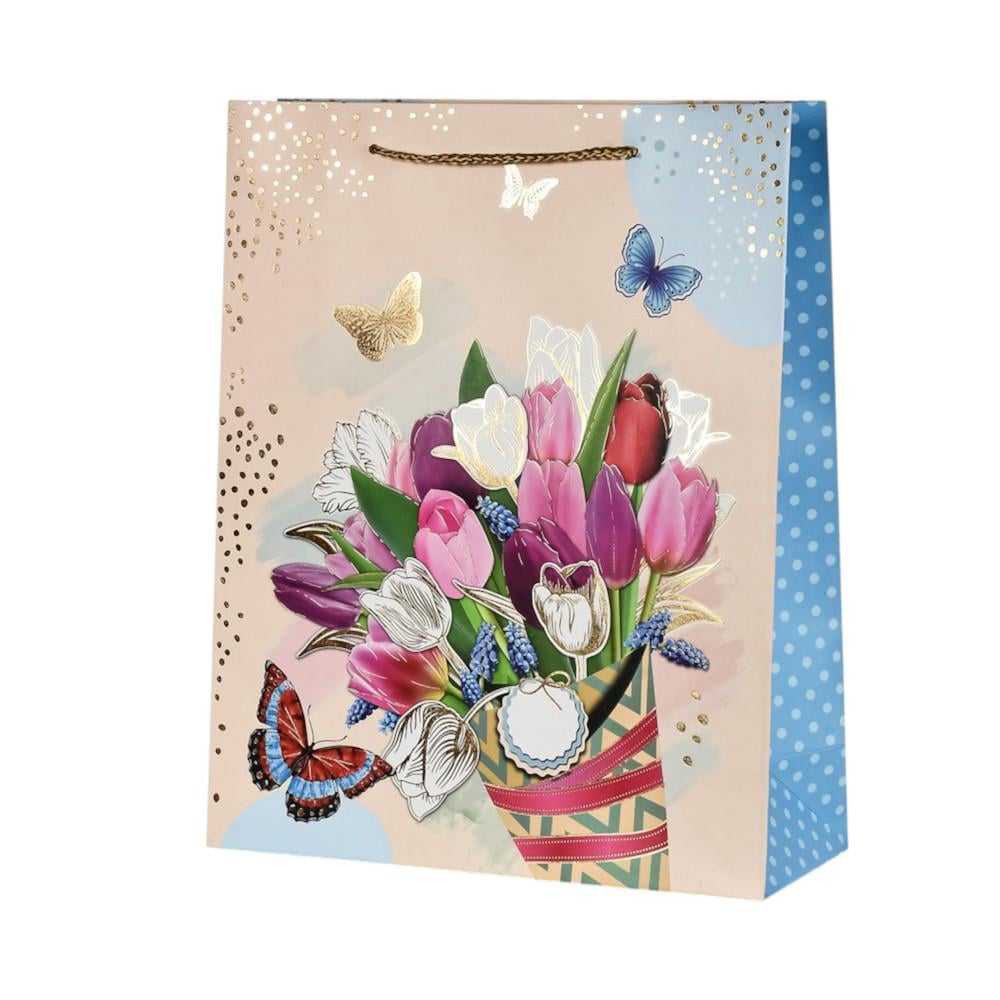 Подарунковий пакет паперовий Stenson Flower dance R95501-S 18х23х8 см Бежевий з блакитним (23688767)