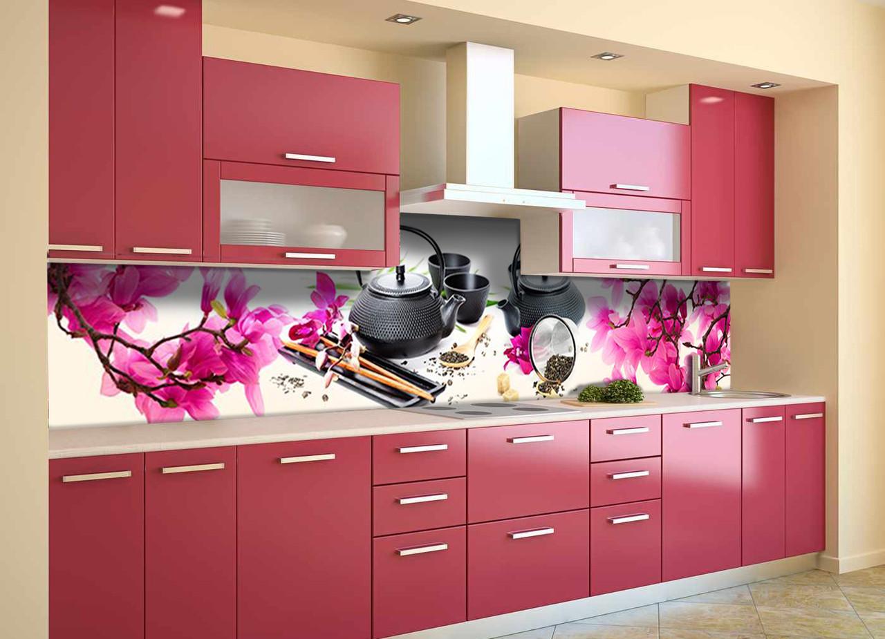 Кухонный фартук Чайна церемония с самоклеющейся виниловой пленки 65х250 см Розовый