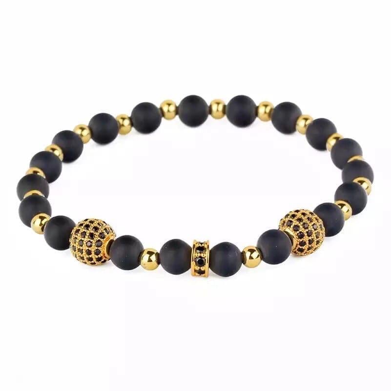Браслет із шунгіту та гематиту з диском та кулями р. 20 Золотий/Чорний
 (90088)