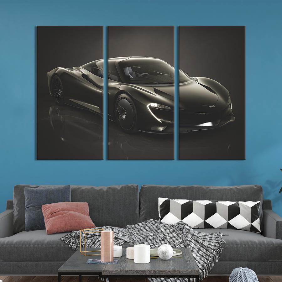 Картина на холсте триптих McLaren Speedtail в чёрном цвете 128x81 см (1360-31)
