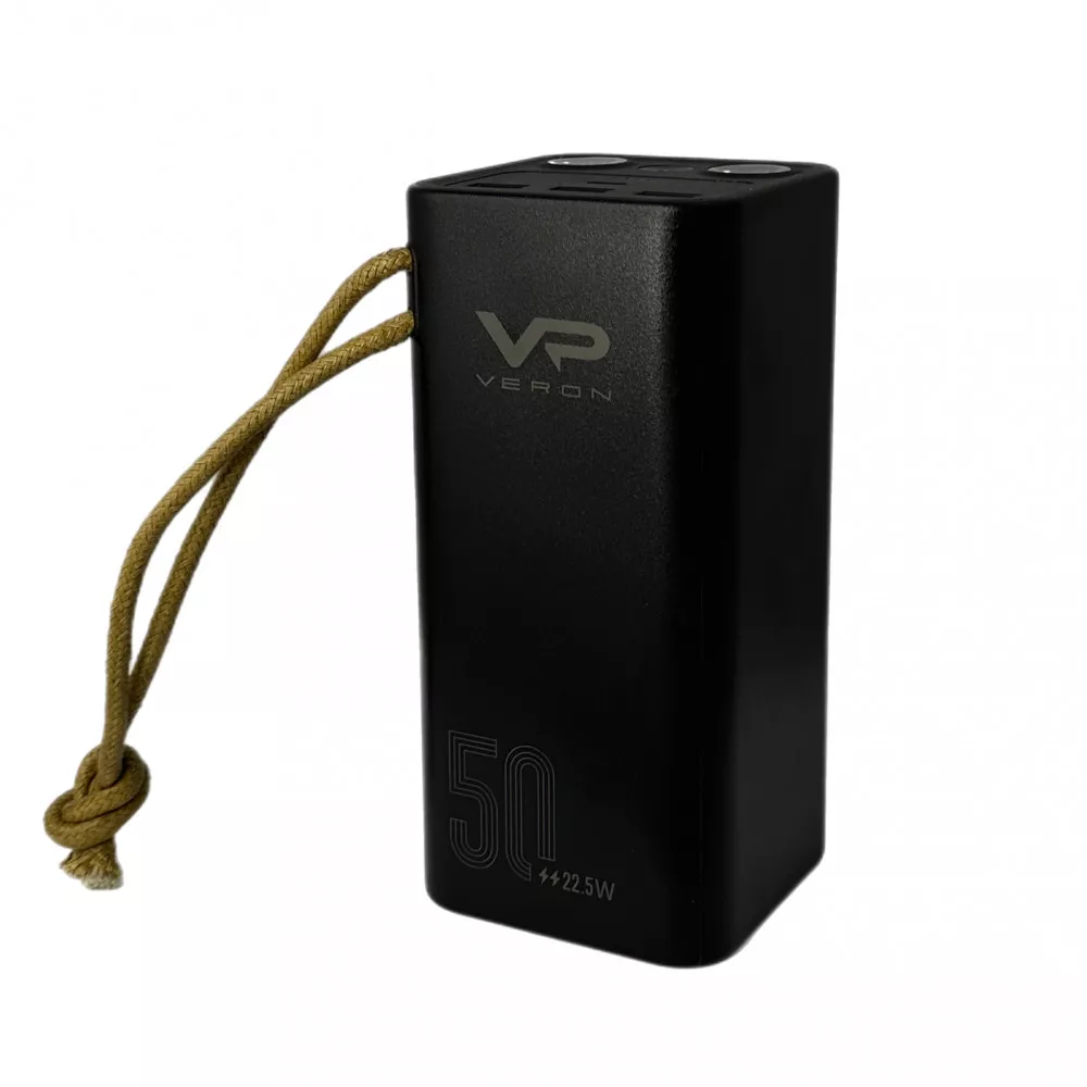 Повербанк Veron PS5 50000 mAh 3USB/Type-C PD 22,5W/3A QC/PDс быстрой зарядкой и фонариком Черный - фото 1