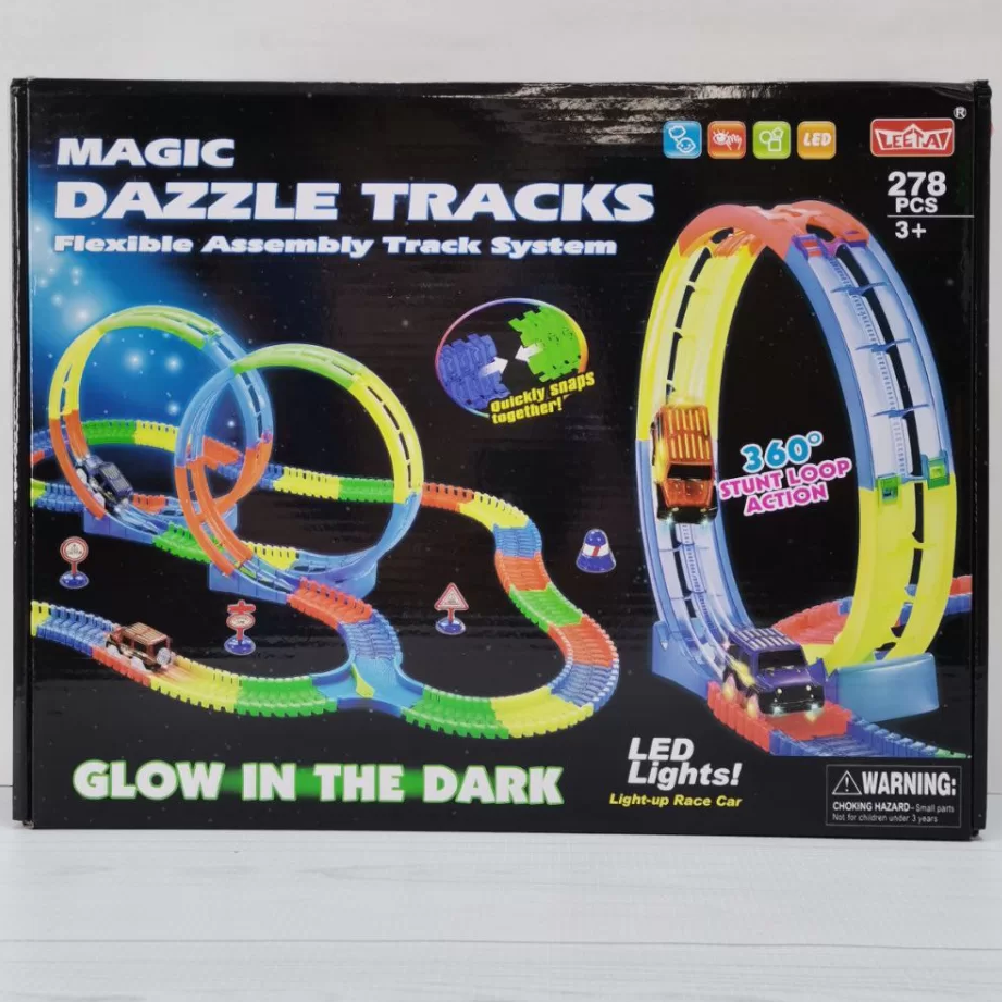 Игрушечный автотрек Magic Dazzle Tracks неоновый/гибкий/с двумя петлями/светом и машинкой 532 см Разноцветный (30101117)
