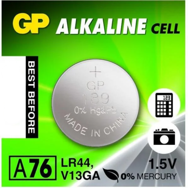 Батарейка щелочная GP A76/LR44/AG13/V13GA 1,5V 1 шт. (3362) Батарейка щелочная GP A76/LR44/AG13/V13GA 1,5V 1 шт. (3362)