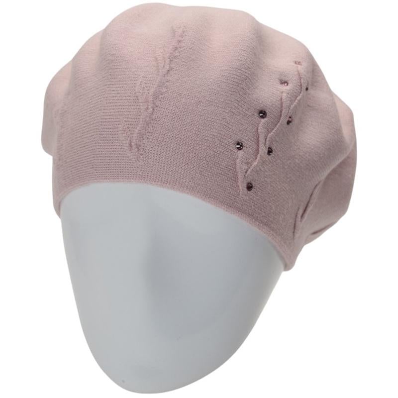 Берет жіночий Novita Гілка подвійний з акуратним візерунком збоку та стразами one size Ніжно-рожевий (281855)