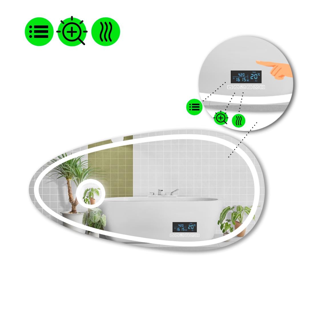 Зеркало с LED подсветкой Occhio 1 с Smart-блоком/линзой с подсветкой и подогревом 140x70 см (8994611)