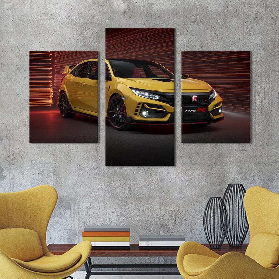 Картина на холсте триптих Стильная жёлтая Honda Civic Type 141x90 см (1329-32)