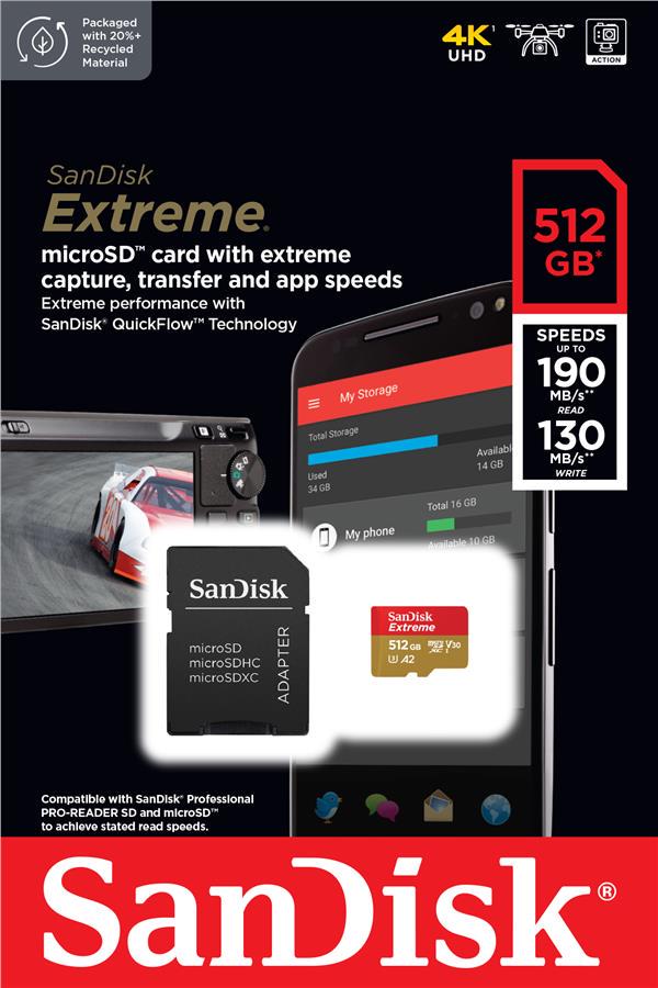 Карта памяти SanDisk microSDXC Extreme Pro 512 Гб + SD адаптер (C10/U3/V30/A2) - фото 5