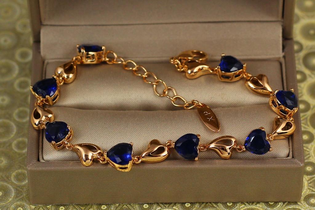Браслет Xuping Jewelry Сердечки с синими камнями на дорожке 17 см х 7 мм Золотистый (2327334874)