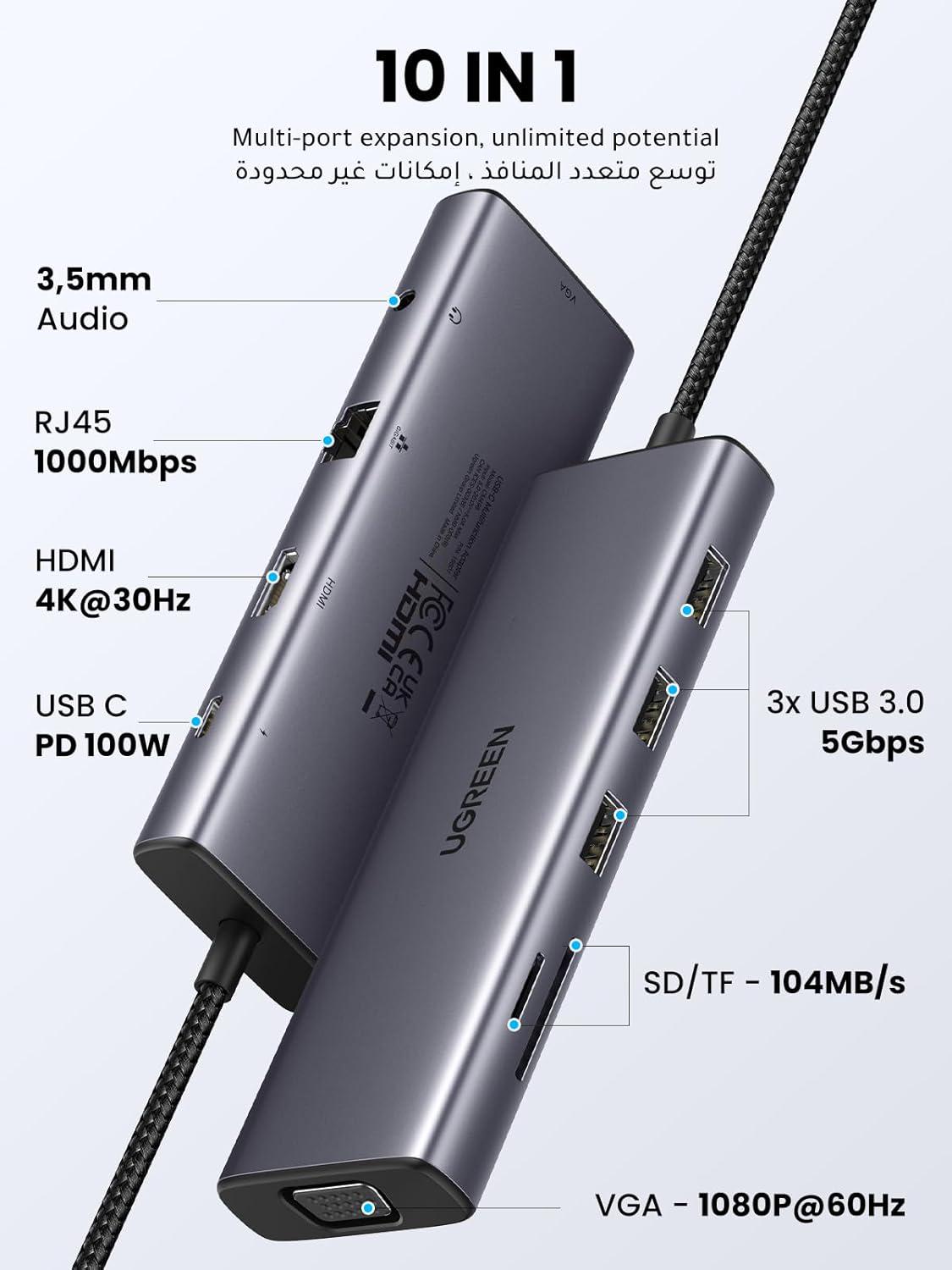 Концентратор UGREEN CM498 Type-C и 4K HDMI/VGA/RJ45/SD и TF/USB 3.0 PD 100W для MacBook HP Grey (15601) - фото 8