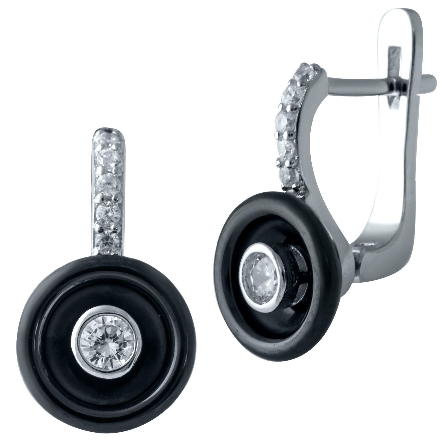 Серьги серебряные LoveR из черной керамики с круглой вставкой фианита и английским замком Серьги серебряные LoveR из черной керамики с круглой вставкой фианита и английским замком