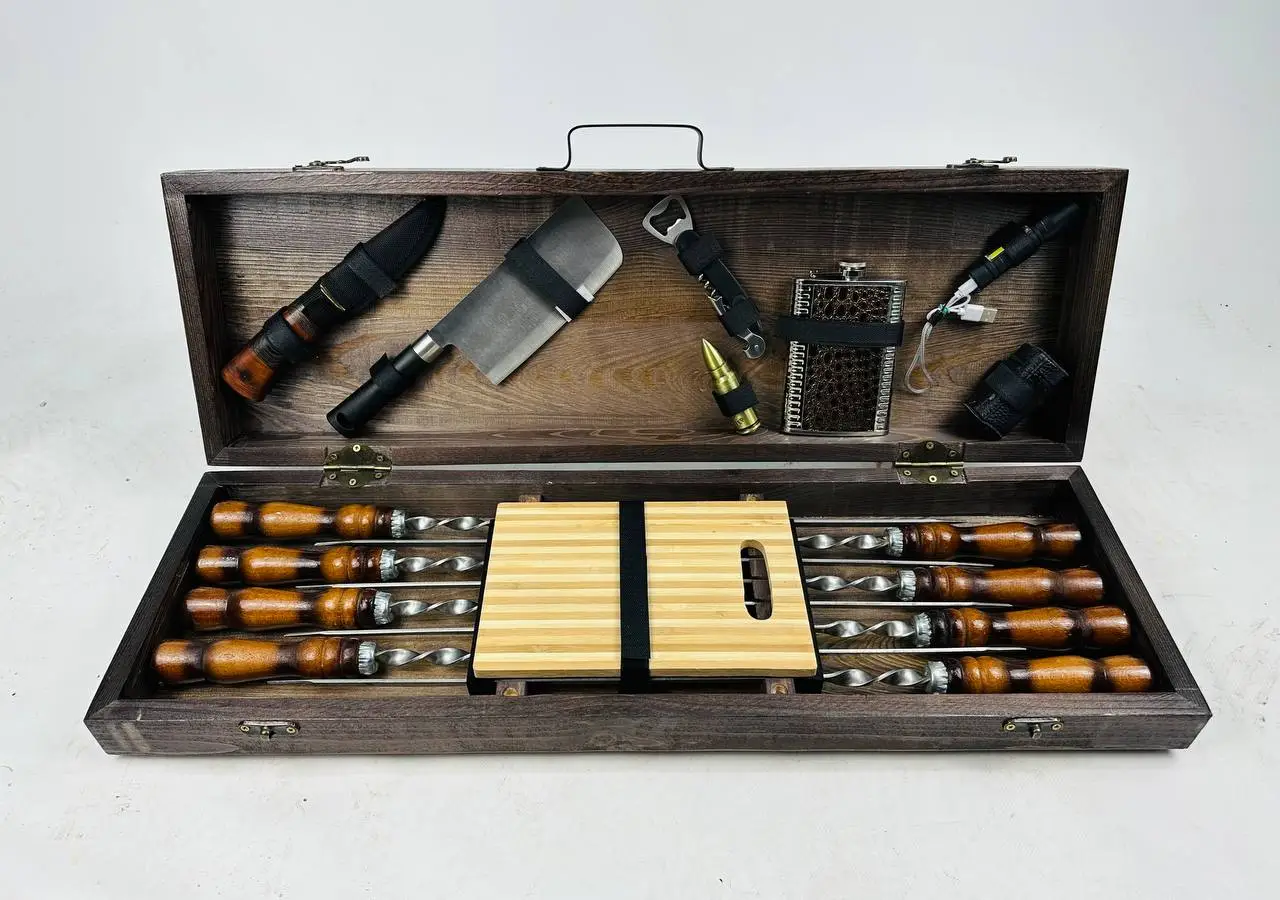 Набір шампурів у кейсі Грізлі люксовий ящик дерев'яний з нержавіючої сталі (2-10-KS-7808) - фото 5 Набір шампурів у кейсі Грізлі люксовий ящик дерев'яний з нержавіючої сталі (2-10-KS-7808) - фото 5