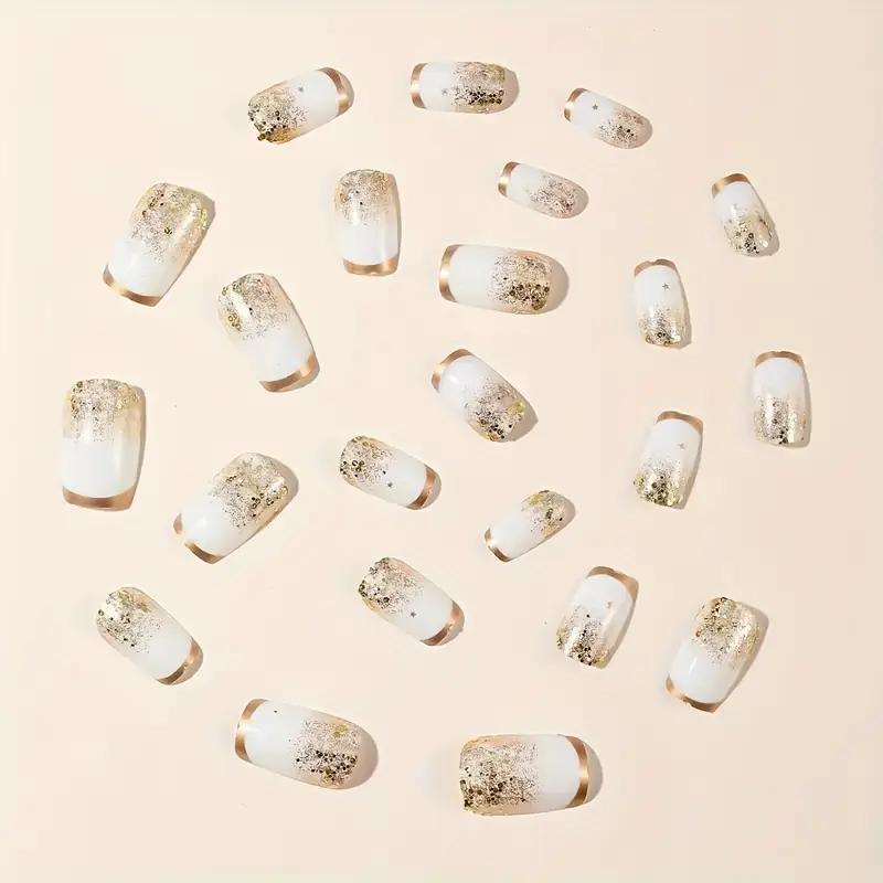 Накладные ногти Сверкающий френч квадрат средней длины с клеевыми пластинами 24 шт. Золотистый (2789190692) - фото 3