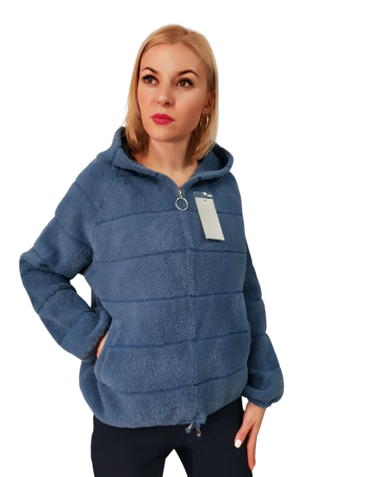 Пальто из шерсти альпака с капюшоном р. 46-50 Голубой (8823)