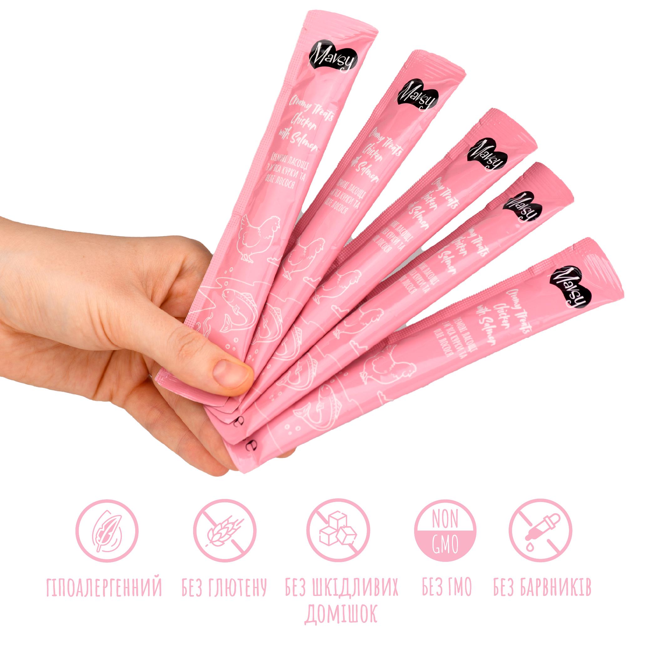 Ласощі кремові для котів Mavsy Creamy Lickable Treats Chicken with Salmon з м’яса курки та філе лосося 15 г 5 шт. (MAVSY03) - фото 6 Ласощі кремові для котів Mavsy Creamy Lickable Treats Chicken with Salmon з м’яса курки та філе лосося 15 г 5 шт. (MAVSY03) - фото 6