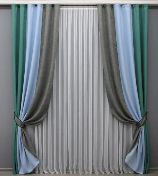 Шторы лен 1,5х2,7 м 2 шт. Бирюзовый/Голубой/Серый (016дк/111-1055-108ш)