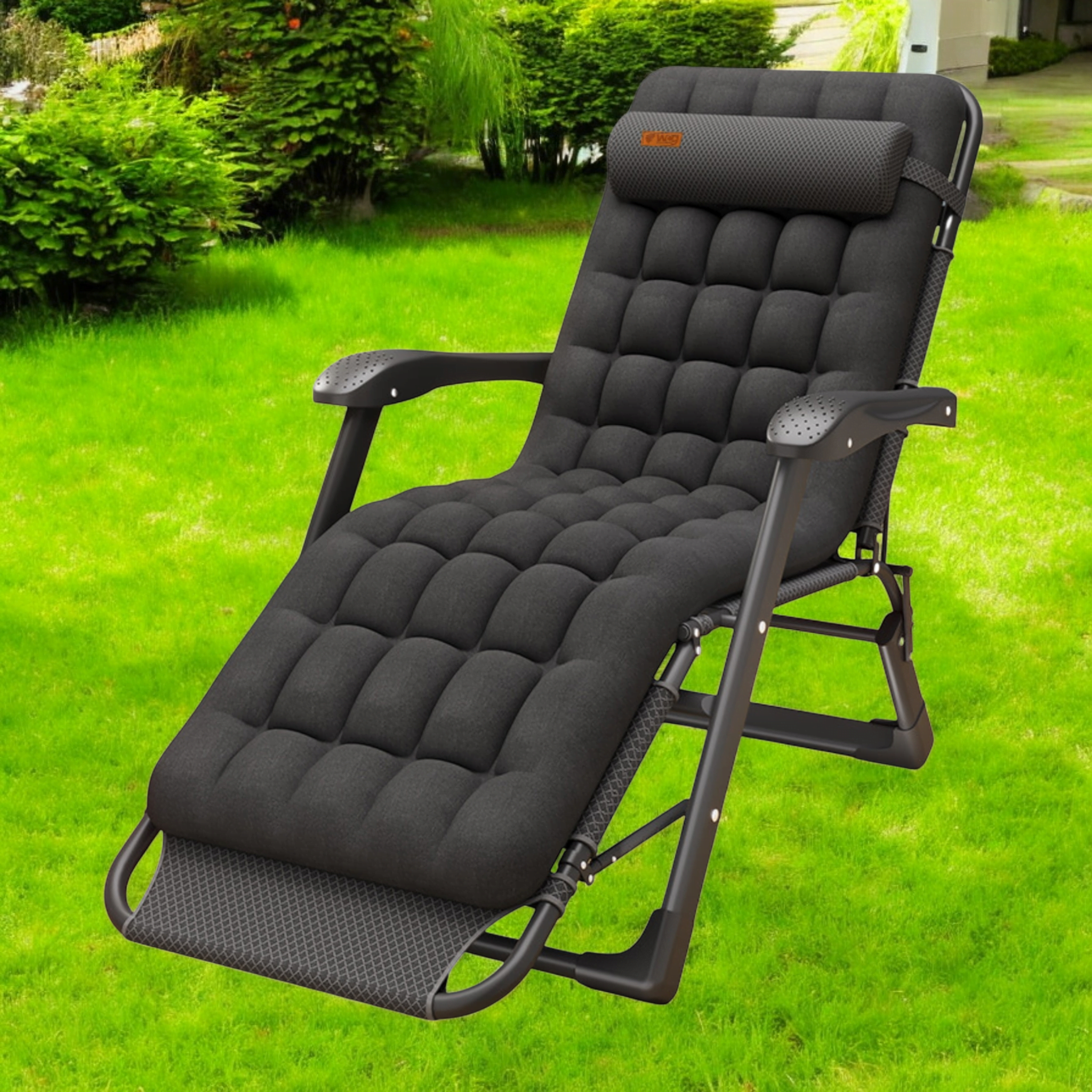 Шезлонг раскладной WCG FCB-S06PP с матрасом и подушкой Черный (FCB-S06PP1)