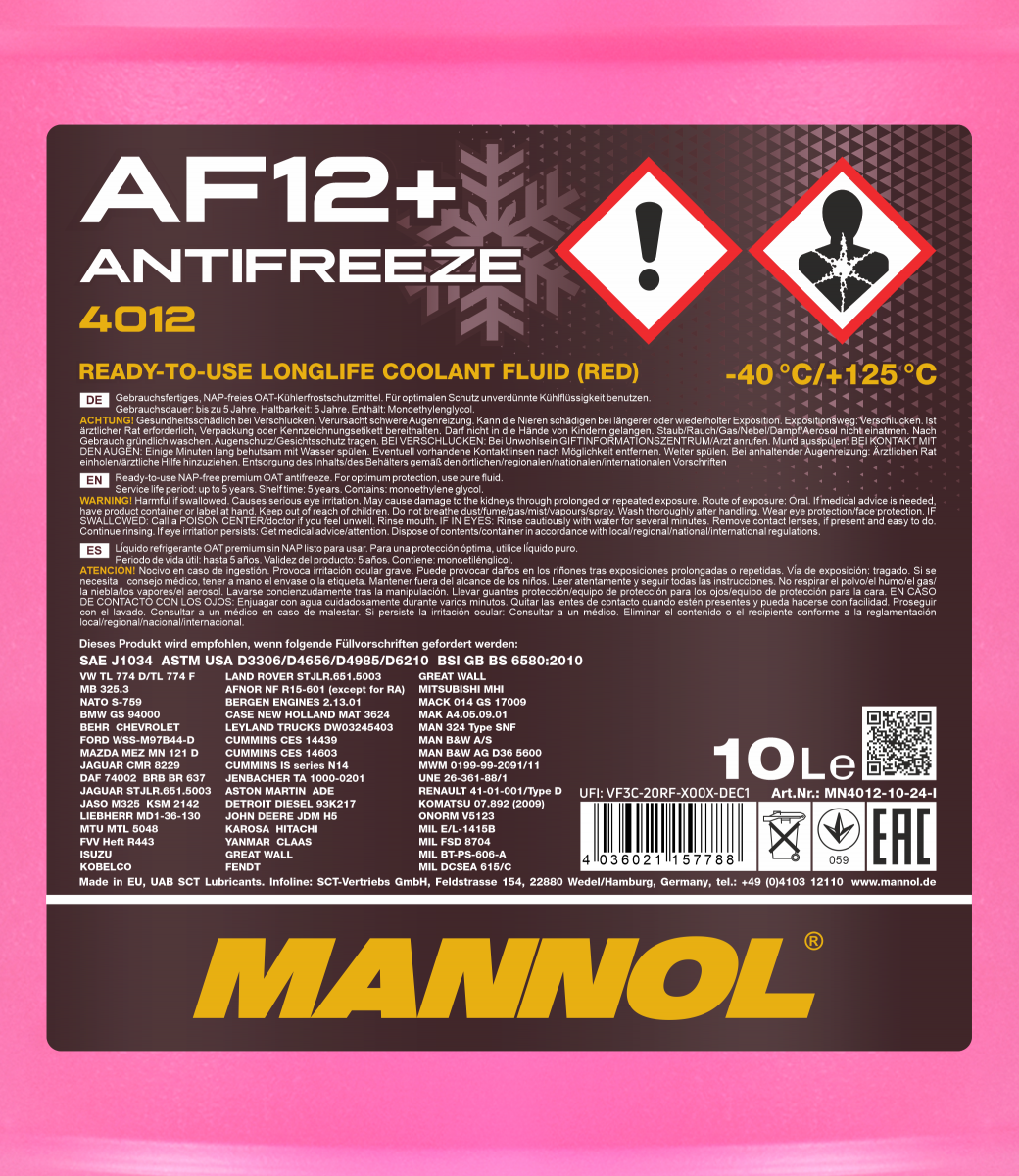 Антифриз Mannol 4012 Longlife Antifreeze AF12+ -40°C готовий розчин 10 л Червоний (MN4012-10) - фото 2 Антифриз Mannol 4012 Longlife Antifreeze AF12+ -40°C готовий розчин 10 л Червоний (MN4012-10) - фото 2