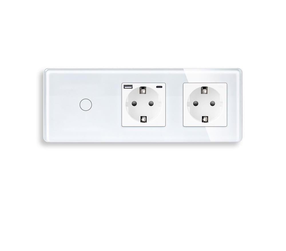 Выключатель сенсорный ELIOS с розеткой USB A+C 20Вт с заземлением/шторками 16А 230В стекло Белый