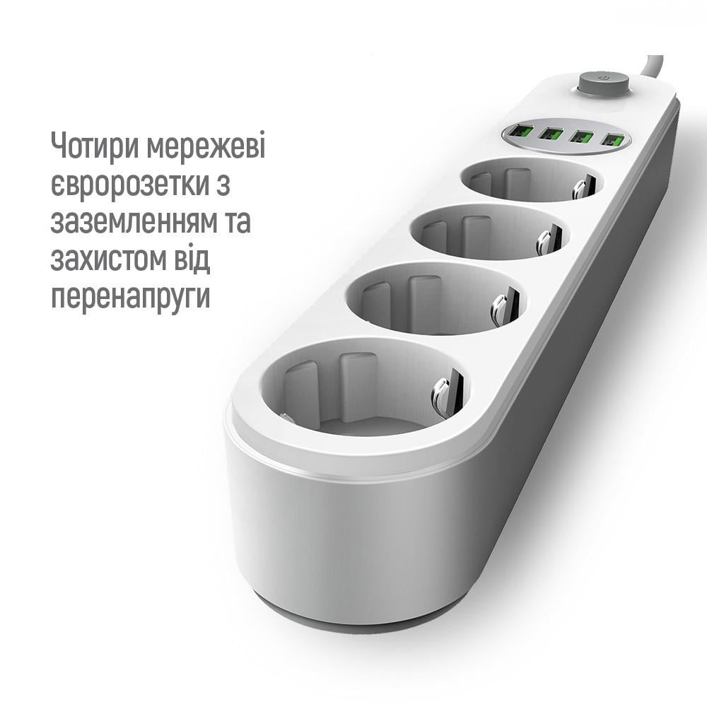 Фільтр-подовжувач LDNIO SE4432 з вимикачем 4 розетки 4 USB 3,4 A Білий (1950594617) - фото 3