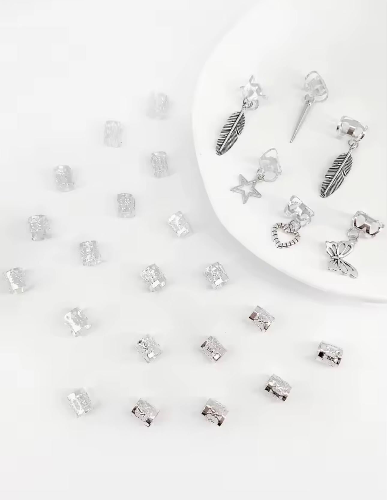 Набор серебряных украшений для кос и дредов кольца и бусины для волос 26 шт.