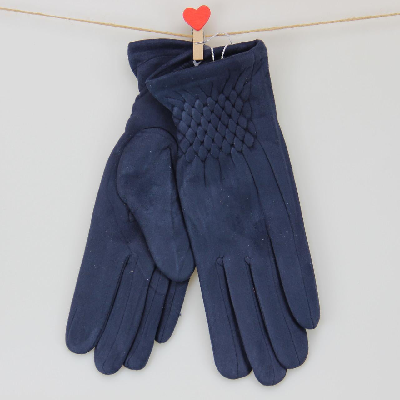 Перчатки женские шитые велюровые с мехом с резиновой вставкой S-M Синий (31248)
