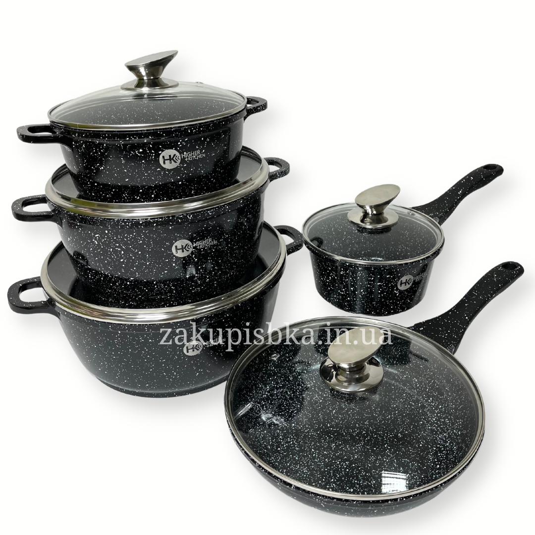 Набір посуду Higher Kitchen HK-305 з гранітним антипригарним покриттям 10 предметів Чорний (2480514383) - фото 6 Набір посуду Higher Kitchen HK-305 з гранітним антипригарним покриттям 10 предметів Чорний (2480514383) - фото 6