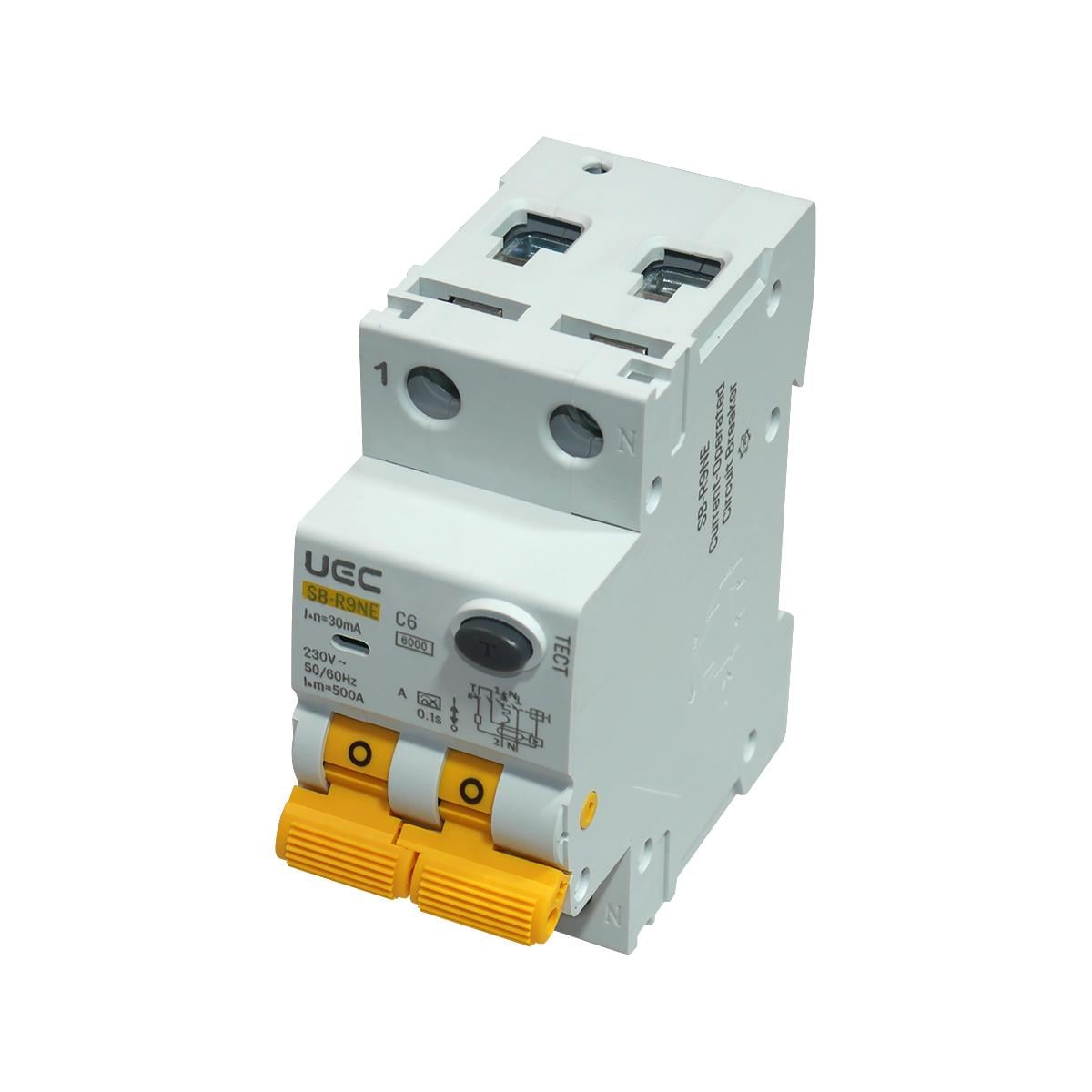 Диференційний вимикач UEC SB-R9NE 2P 6A 30mA 6kA C тип A (RCBO60-2-006-C-030-A)