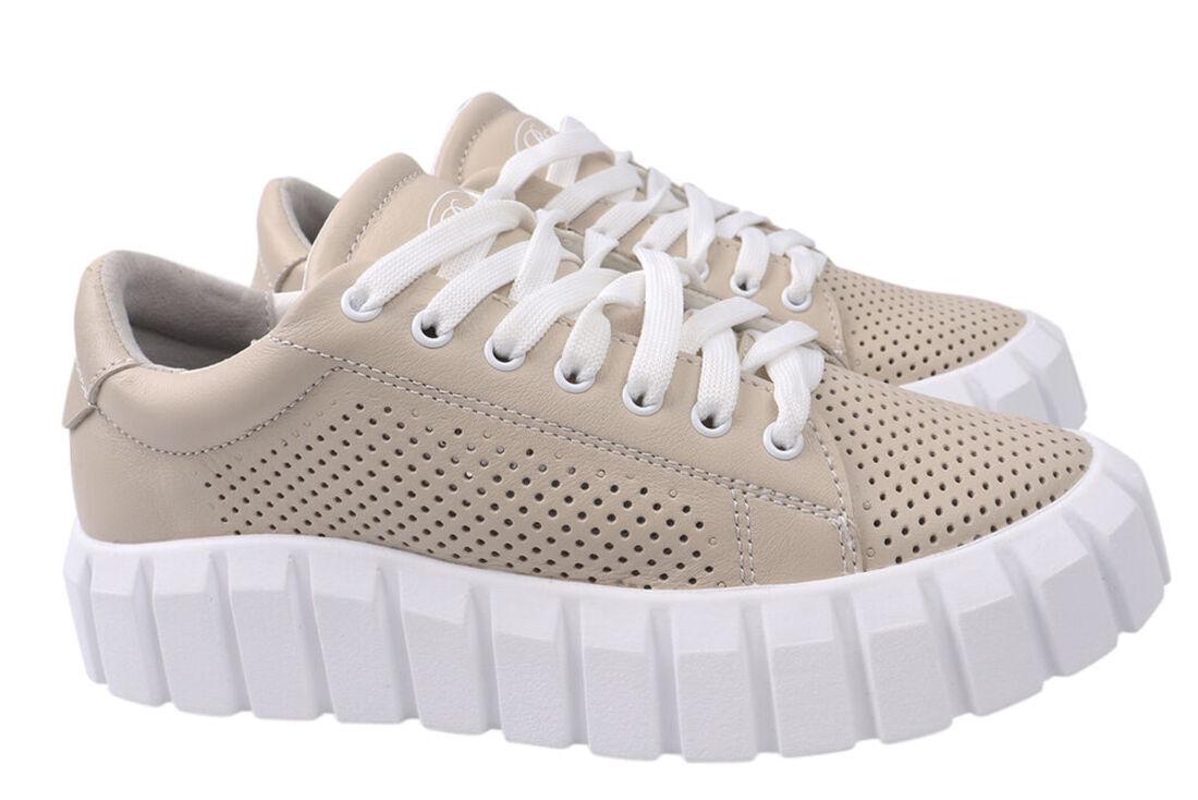 Кеды женские Road Style из кожи на низком ходу на шнуровке Бежевый (75-21LTCP 37)