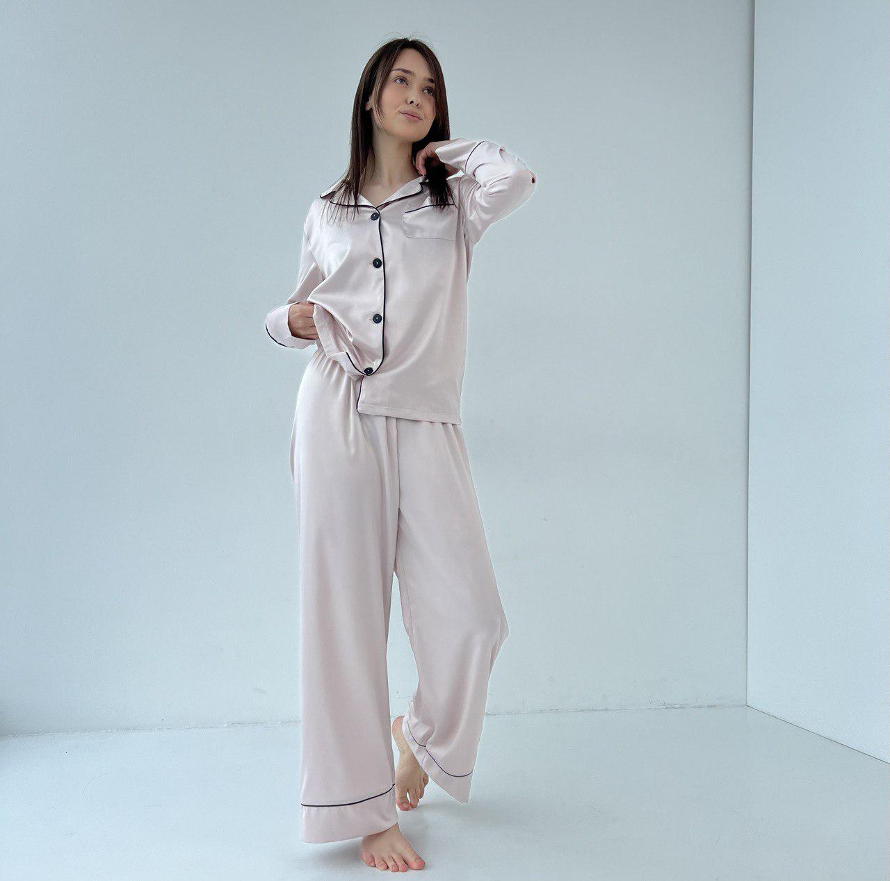 ᐉ Пижама женская BO.Brand шелк арманская рубашка с длинным рукавом напуговицах и широкие брюки S-M Айвори (00919