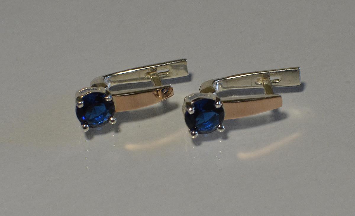 Серебряные серьги с пластинами из золота 007с Темно синий