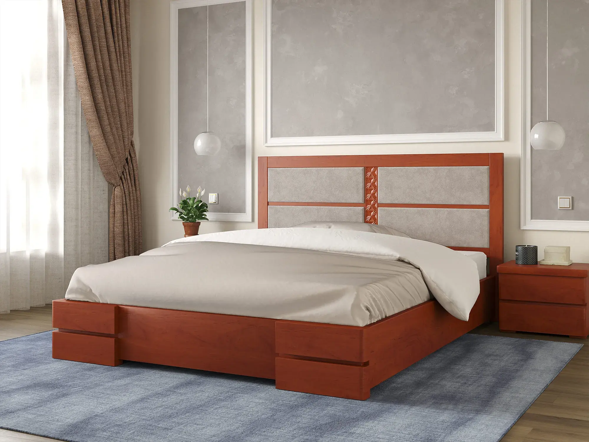 Кровать классическая двуспальная Arbor Drev Кардинал 1 из натурального дерева сосна/кожзам с подъемным механизмом 160х200 см Яблоня (49130)