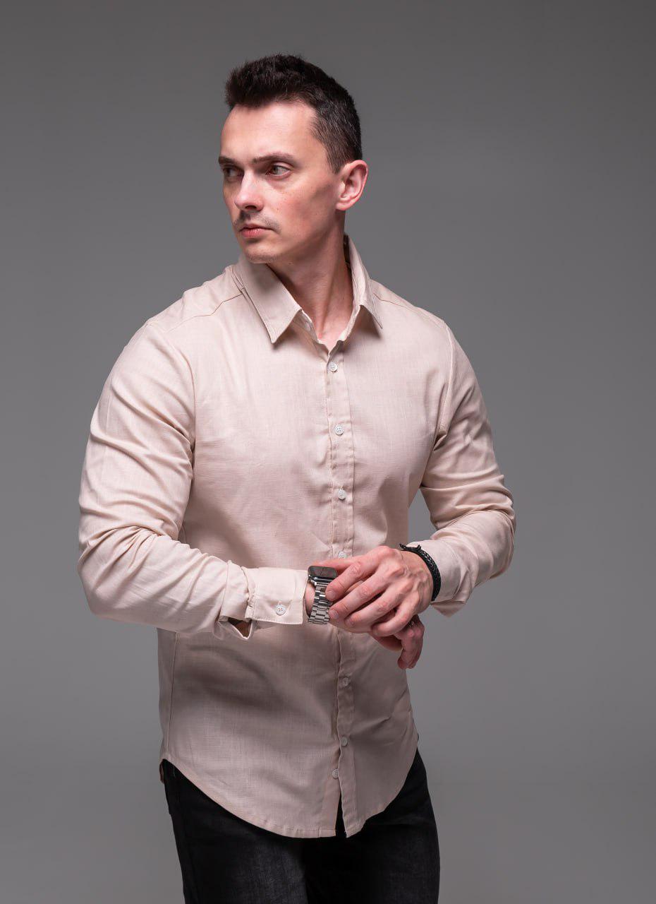 Рубашка мужская льняная с длинным рукавом XL Бежевый (2389/3/4)